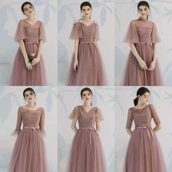 Affordable Pearl Pink Bridesmaid Dresses 2019 A-Line / Princess Appliques Lace Bow Sash Tea-length Ruffle Backless Wedding Party Dresses