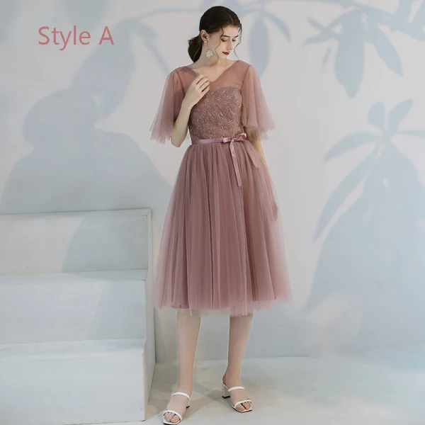 Affordable Pearl Pink Bridesmaid Dresses 2019 A-Line / Princess Appliques Lace Bow Sash Tea-length Ruffle Backless Wedding Party Dresses