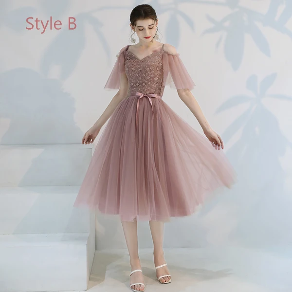 Affordable Pearl Pink Bridesmaid Dresses 2019 A-Line / Princess Appliques Lace Bow Sash Tea-length Ruffle Backless Wedding Party Dresses
