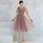 Affordable Pearl Pink Bridesmaid Dresses 2019 A-Line / Princess Appliques Lace Bow Sash Tea-length Ruffle Backless Wedding Party Dresses