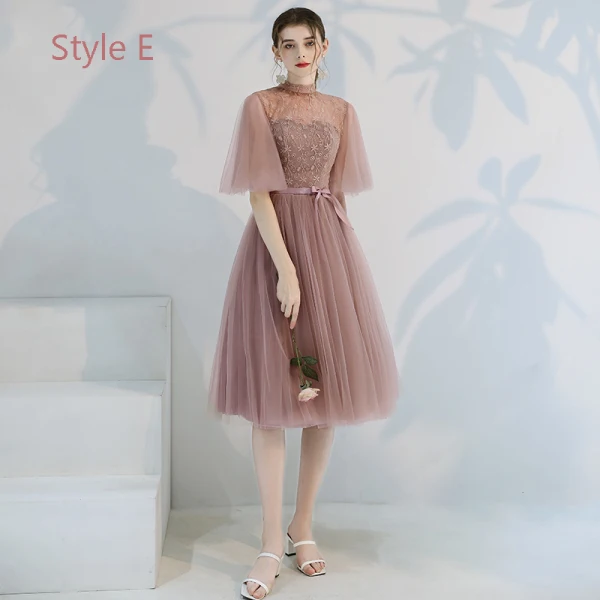 Affordable Pearl Pink Bridesmaid Dresses 2019 A-Line / Princess Appliques Lace Bow Sash Tea-length Ruffle Backless Wedding Party Dresses