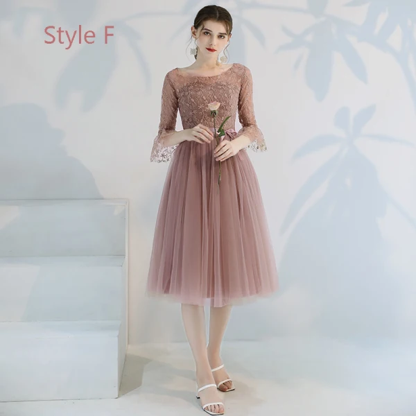 Affordable Pearl Pink Bridesmaid Dresses 2019 A-Line / Princess Appliques Lace Bow Sash Tea-length Ruffle Backless Wedding Party Dresses