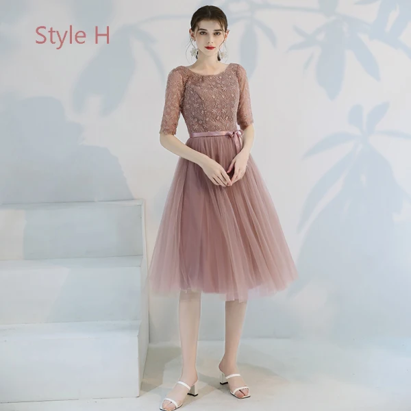 Affordable Pearl Pink Bridesmaid Dresses 2019 A-Line / Princess Appliques Lace Bow Sash Tea-length Ruffle Backless Wedding Party Dresses