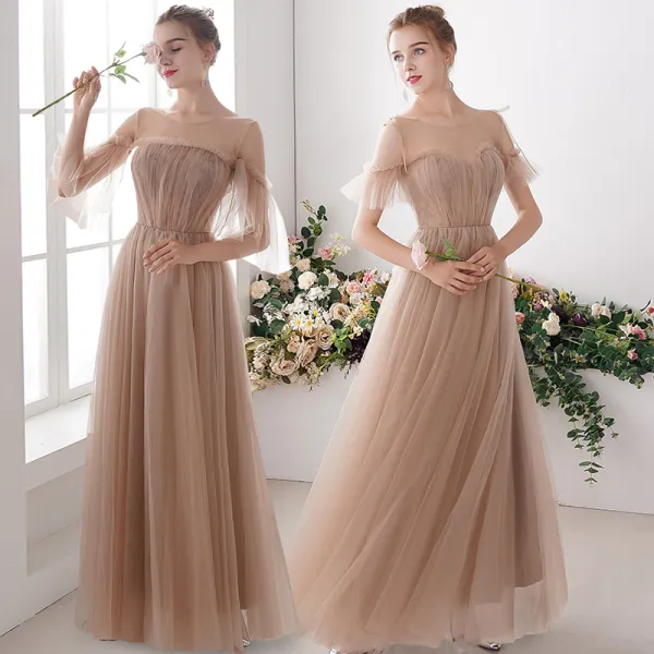 Elegant Champagne See-through Bridesmaid Dresses 2019 A-Line / Princess ...