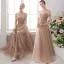 Elegant Champagne See-through Bridesmaid Dresses 2019 A-Line / Princess Floor-Length / Long Ruffle Backless Wedding Party Dresses