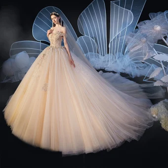 Chic Beautiful Champagne Wedding Dresses 2019 Ball Gown Off The Shoulder See Through Deep V Neck Short Sleeve Backless Appliques Lace Sequins Beading Cathedral Train Ruffle