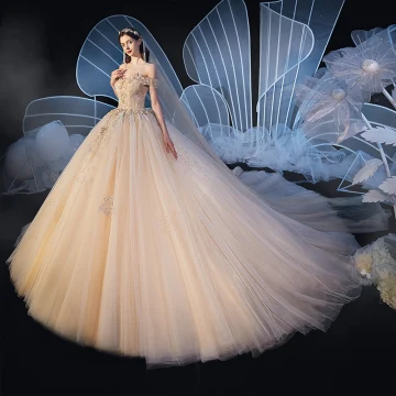 Chic Belle Champagne Robe De Mariée 2019 Robe Boule De L 039 Épaule Transparentes Col V Profond Manches Courtes Dos Nu Appliques En Dentelle Paillettes Perlage Cathedral Train Volants