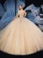 Chic / Belle Champagne Robe De Mariée 2019 Robe Boule De l'épaule Transparentes Col v profond Manches Courtes Dos Nu Appliques En Dentelle Paillettes Perlage Cathedral Train Volants