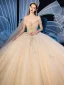 Chic / Belle Champagne Robe De Mariée 2019 Robe Boule De l'épaule Transparentes Col v profond Manches Courtes Dos Nu Appliques En Dentelle Paillettes Perlage Cathedral Train Volants