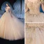 Chic / Belle Champagne Robe De Mariée 2019 Robe Boule De l'épaule Transparentes Col v profond Manches Courtes Dos Nu Appliques En Dentelle Paillettes Perlage Cathedral Train Volants