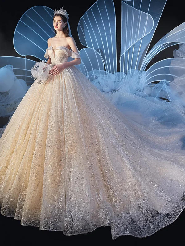 Elegant Champagne Wedding Dresses 2019 Ball Gown Off-The-Shoulder Short Sleeve Backless Glitter Tulle Beading Cathedral Train Ruffle