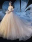 Elegant Champagne Wedding Dresses 2019 Ball Gown Off-The-Shoulder Short Sleeve Backless Glitter Tulle Beading Cathedral Train Ruffle