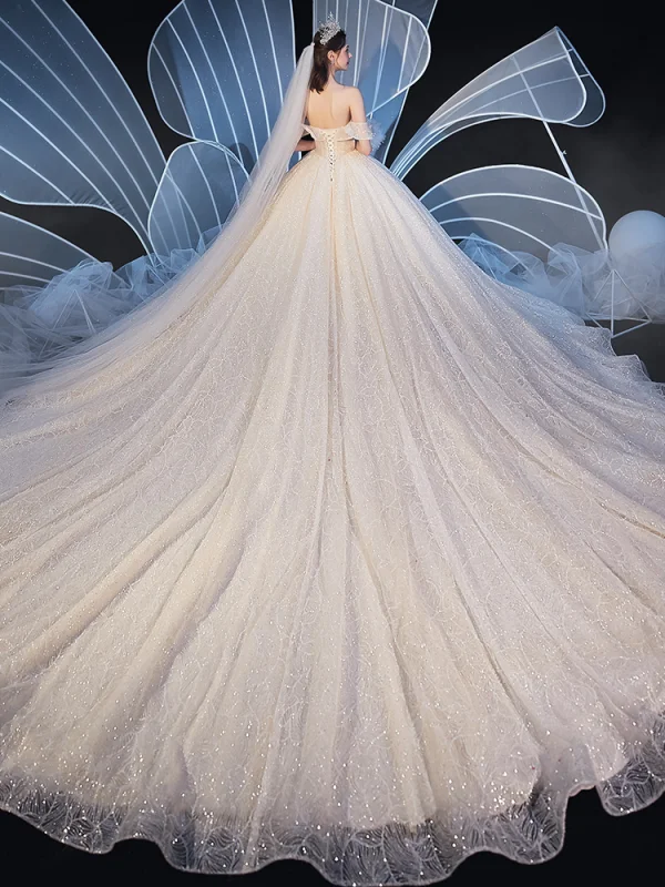 Elegant Champagne Wedding Dresses 2019 Ball Gown Off-The-Shoulder Short Sleeve Backless Glitter Tulle Beading Cathedral Train Ruffle