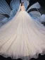 Elegant Champagne Wedding Dresses 2019 Ball Gown Off-The-Shoulder Short Sleeve Backless Glitter Tulle Beading Cathedral Train Ruffle