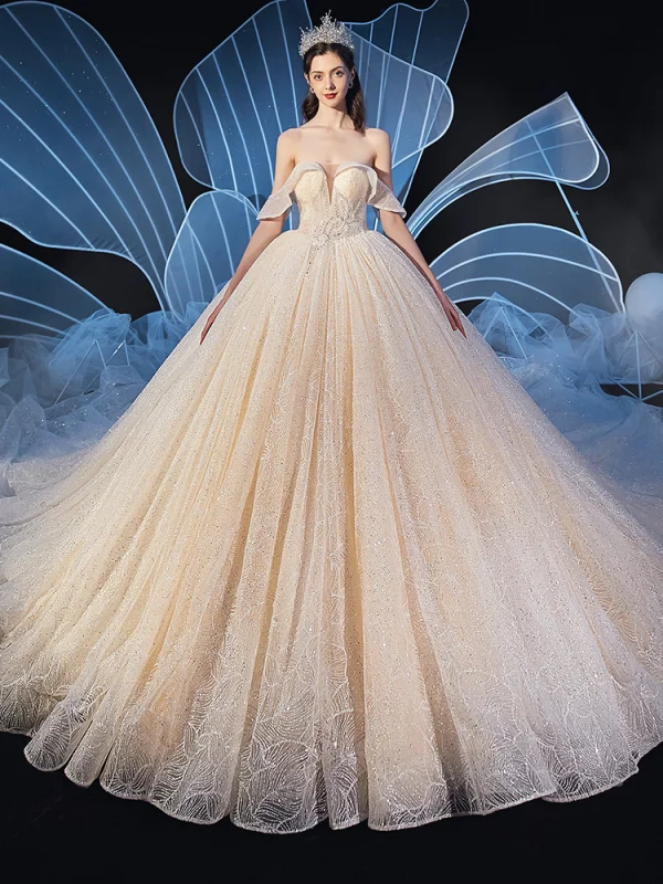 Elegant Champagne Wedding Dresses 2019 Ball Gown Off-The-Shoulder Short Sleeve Backless Glitter Tulle Beading Cathedral Train Ruffle