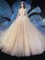 Elegant Champagne Wedding Dresses 2019 Ball Gown Off-The-Shoulder Short Sleeve Backless Glitter Tulle Beading Cathedral Train Ruffle