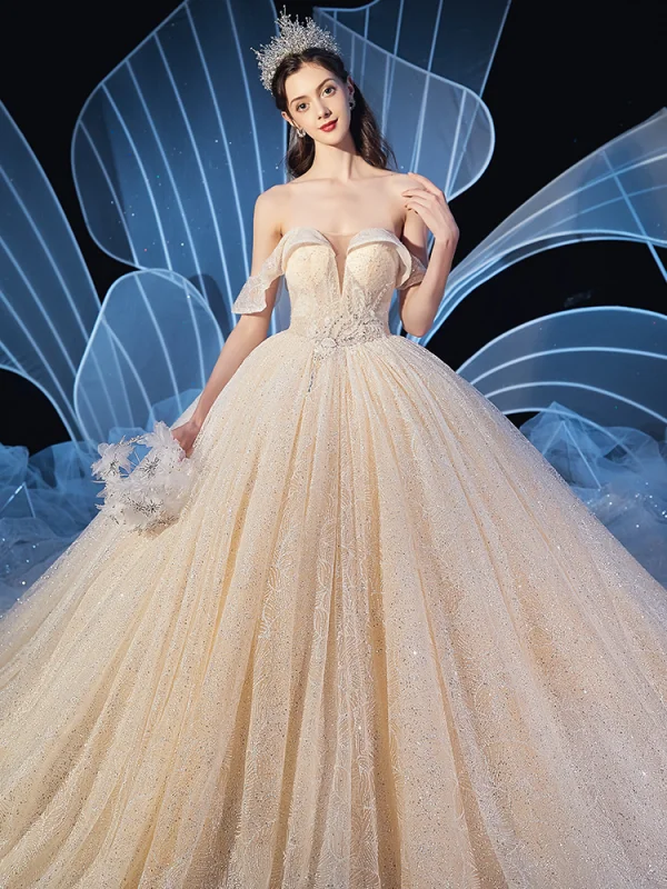 Elegant Champagne Wedding Dresses 2019 Ball Gown Off-The-Shoulder Short Sleeve Backless Glitter Tulle Beading Cathedral Train Ruffle