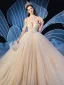 Elegant Champagne Wedding Dresses 2019 Ball Gown Off-The-Shoulder Short Sleeve Backless Glitter Tulle Beading Cathedral Train Ruffle