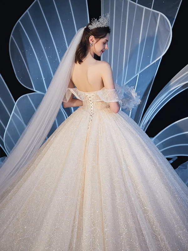 Elegant Champagne Wedding Dresses 2019 Ball Gown Off-The-Shoulder Short Sleeve Backless Glitter Tulle Beading Cathedral Train Ruffle