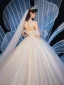Elegant Champagne Wedding Dresses 2019 Ball Gown Off-The-Shoulder Short Sleeve Backless Glitter Tulle Beading Cathedral Train Ruffle