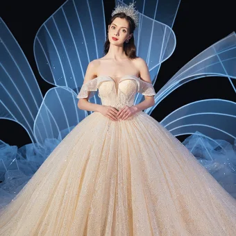 Elegant Champagne Wedding Dresses 2019 Ball Gown Off The Shoulder Short Sleeve Backless Glitter Tulle Beading Cathedral Train Ruffle