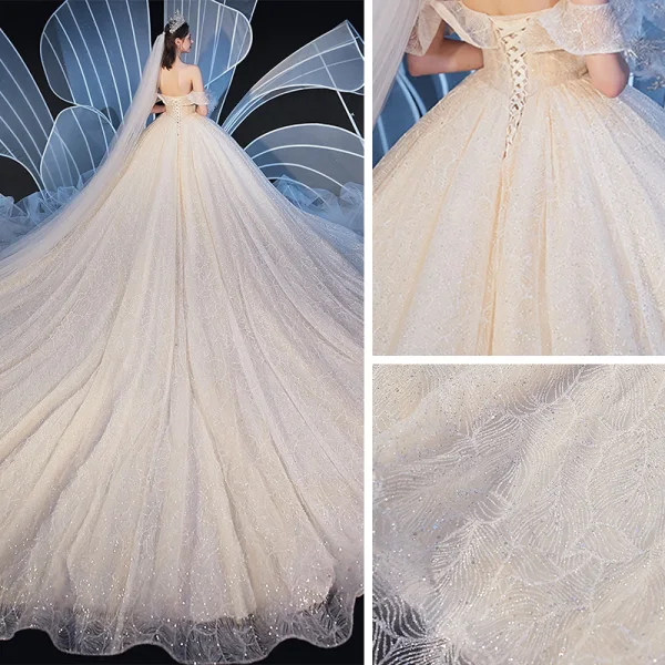 Elegant Champagne Wedding Dresses 2019 Ball Gown Off-The-Shoulder Short Sleeve Backless Glitter Tulle Beading Cathedral Train Ruffle