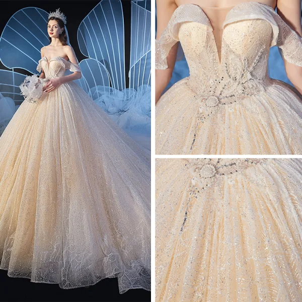 Elegant Champagne Wedding Dresses 2019 Ball Gown Off-The-Shoulder Short Sleeve Backless Glitter Tulle Beading Cathedral Train Ruffle