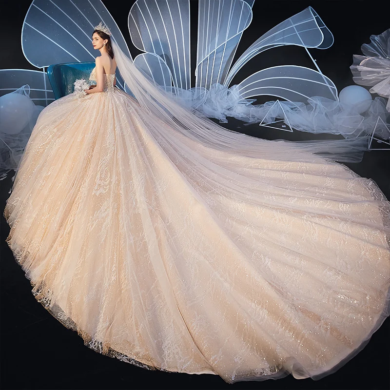 Fine Champagne Brudekjoler 2019 Ballkjole Kjæreste Uten Ermer Ryggløse Glitter Tyll Appliques Blonder Beading Cathedral Train Buste