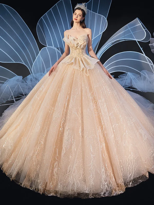 Fine Champagne Brudekjoler 2019 Ballkjole Kjæreste Uten Ermer Ryggløse Glitter Tyll Appliques Blonder Beading Cathedral Train Buste