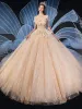 Chic / Beautiful Champagne Wedding Dresses 2019 Ball Gown Sweetheart Sleeveless Backless Glitter Tulle Appliques Lace Beading Cathedral Train Ruffle