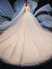 Chic / Beautiful Champagne Wedding Dresses 2019 Ball Gown Sweetheart Sleeveless Backless Glitter Tulle Appliques Lace Beading Cathedral Train Ruffle