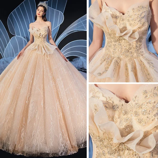 Fine Champagne Brudekjoler 2019 Ballkjole Kjæreste Uten Ermer Ryggløse Glitter Tyll Appliques Blonder Beading Cathedral Train Buste