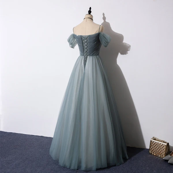 Chic / Belle Bleu D'encre Robe De Bal 2019 Princesse Bretelles Spaghetti Manches Courtes Perlage Paillettes Longue Volants Dos Nu Robe De Ceremonie