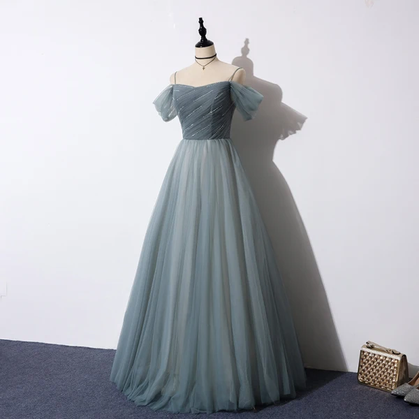 Chic / Belle Bleu D'encre Robe De Bal 2019 Princesse Bretelles Spaghetti Manches Courtes Perlage Paillettes Longue Volants Dos Nu Robe De Ceremonie