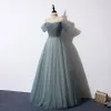 Chic / Beautiful Ink Blue Prom Dresses 2019 A-Line / Princess Spaghetti Straps Short Sleeve Beading Sequins Floor-Length / Long Ruffle Backless Formal Dresses