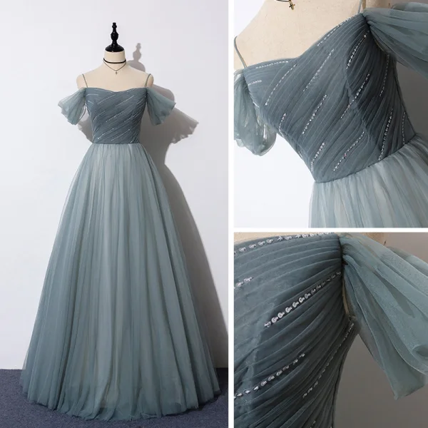 Chic / Belle Bleu D'encre Robe De Bal 2019 Princesse Bretelles Spaghetti Manches Courtes Perlage Paillettes Longue Volants Dos Nu Robe De Ceremonie