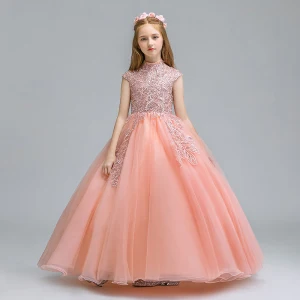 Vintage Originale Perle Rose Robe Ceremonie Fille 2019 Robe Boule Col Haut Sans Manches Appliques En Dentelle Glitter Paillettes Longue Volants Robe Pour Mariage