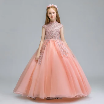 Vintage Originale Perle Rose Robe Ceremonie Fille 2019 Robe Boule Col Haut Sans Manches Appliques En Dentelle Glitter Paillettes Longue Volants Robe Pour Mariage