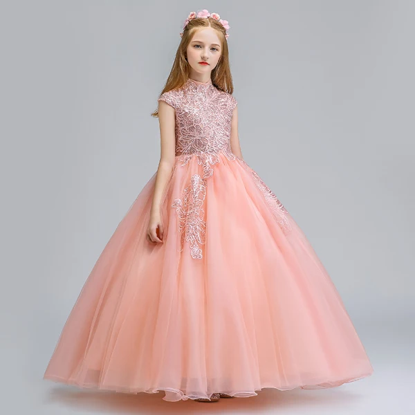 Vintage / Retro Pearl Pink Flower Girl Dresses 2019 Ball Gown High Neck Sleeveless Appliques Lace Glitter Sequins Floor-Length / Long Ruffle Wedding Party Dresses