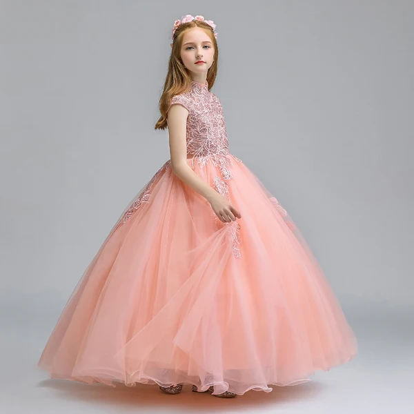 Vintage / Retro Pearl Pink Flower Girl Dresses 2019 Ball Gown High Neck Sleeveless Appliques Lace Glitter Sequins Floor-Length / Long Ruffle Wedding Party Dresses