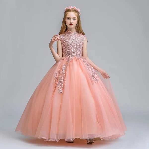 Vintage / Retro Pearl Pink Flower Girl Dresses 2019 Ball Gown High Neck Sleeveless Appliques Lace Glitter Sequins Floor-Length / Long Ruffle Wedding Party Dresses