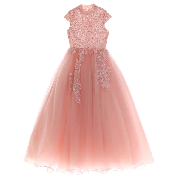 Vintage / Retro Pearl Pink Flower Girl Dresses 2019 Ball Gown High Neck Sleeveless Appliques Lace Glitter Sequins Floor-Length / Long Ruffle Wedding Party Dresses