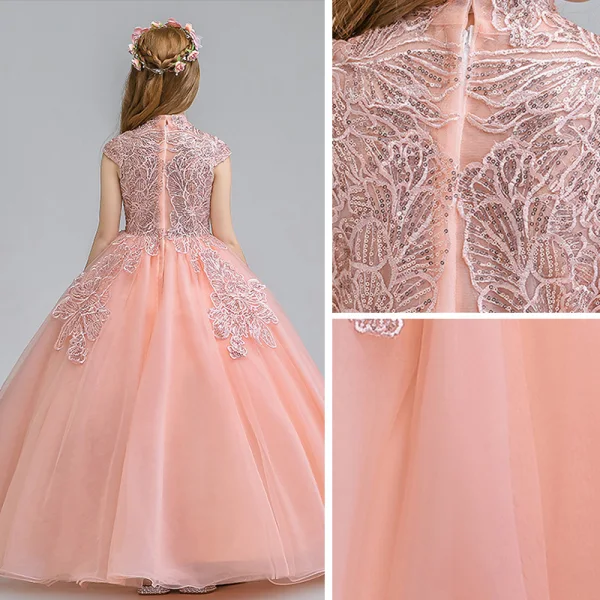 Vintage / Retro Pearl Pink Flower Girl Dresses 2019 Ball Gown High Neck Sleeveless Appliques Lace Glitter Sequins Floor-Length / Long Ruffle Wedding Party Dresses