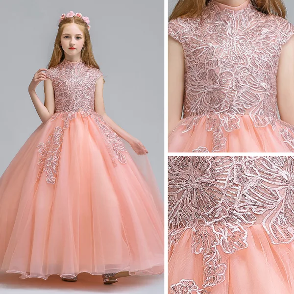 Vintage / Retro Pearl Pink Flower Girl Dresses 2019 Ball Gown High Neck Sleeveless Appliques Lace Glitter Sequins Floor-Length / Long Ruffle Wedding Party Dresses