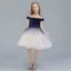 Chic / Beautiful Navy Blue Gradient-Color Suede Flower Girl Dresses 2019 Ball Gown Off-The-Shoulder Short Sleeve Floor-Length / Long Ruffle Backless Wedding Party Dresses