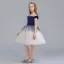 Chic / Beautiful Navy Blue Gradient-Color Suede Flower Girl Dresses 2019 Ball Gown Off-The-Shoulder Short Sleeve Floor-Length / Long Ruffle Backless Wedding Party Dresses