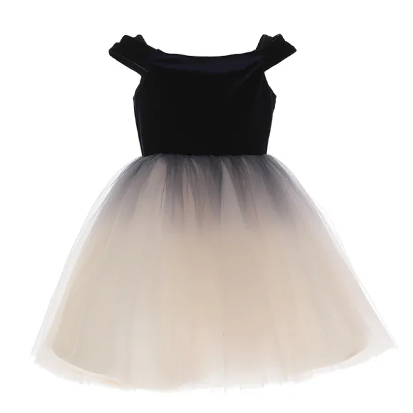 Chic / Beautiful Navy Blue Gradient-Color Suede Flower Girl Dresses 2019 Ball Gown Off-The-Shoulder Short Sleeve Floor-Length / Long Ruffle Backless Wedding Party Dresses