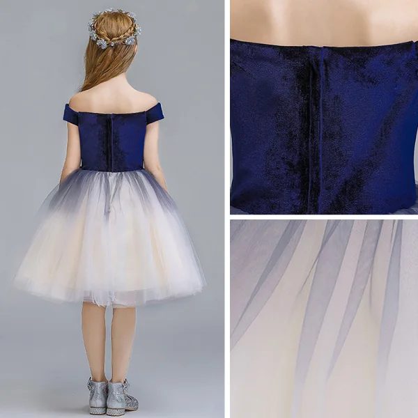 Chic / Beautiful Navy Blue Gradient-Color Suede Flower Girl Dresses 2019 Ball Gown Off-The-Shoulder Short Sleeve Floor-Length / Long Ruffle Backless Wedding Party Dresses