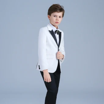Elegant White Coat Black Pants Rhinestone Tie Boys Wedding Suits 2019