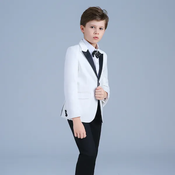 Elegantes Blanco Abrigos Negro Pantalones Rhinestone Corbata Trajes De Boda Para Niños 2019
